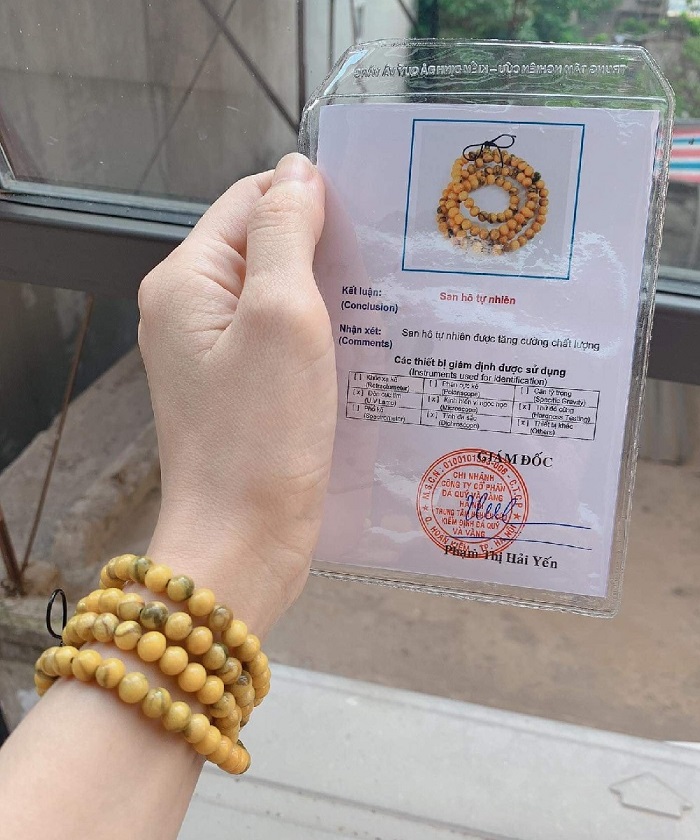 Giấy kiểm định tràng hạt san hô vàng tại VGC – Trung tâm nghiên cứu, kiểm định đá quý và vàng của Bách Việt