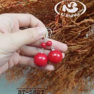 Bông tai San Hô đỏ hạt 10/20mm móc bạc - ảnh sản phẩm
